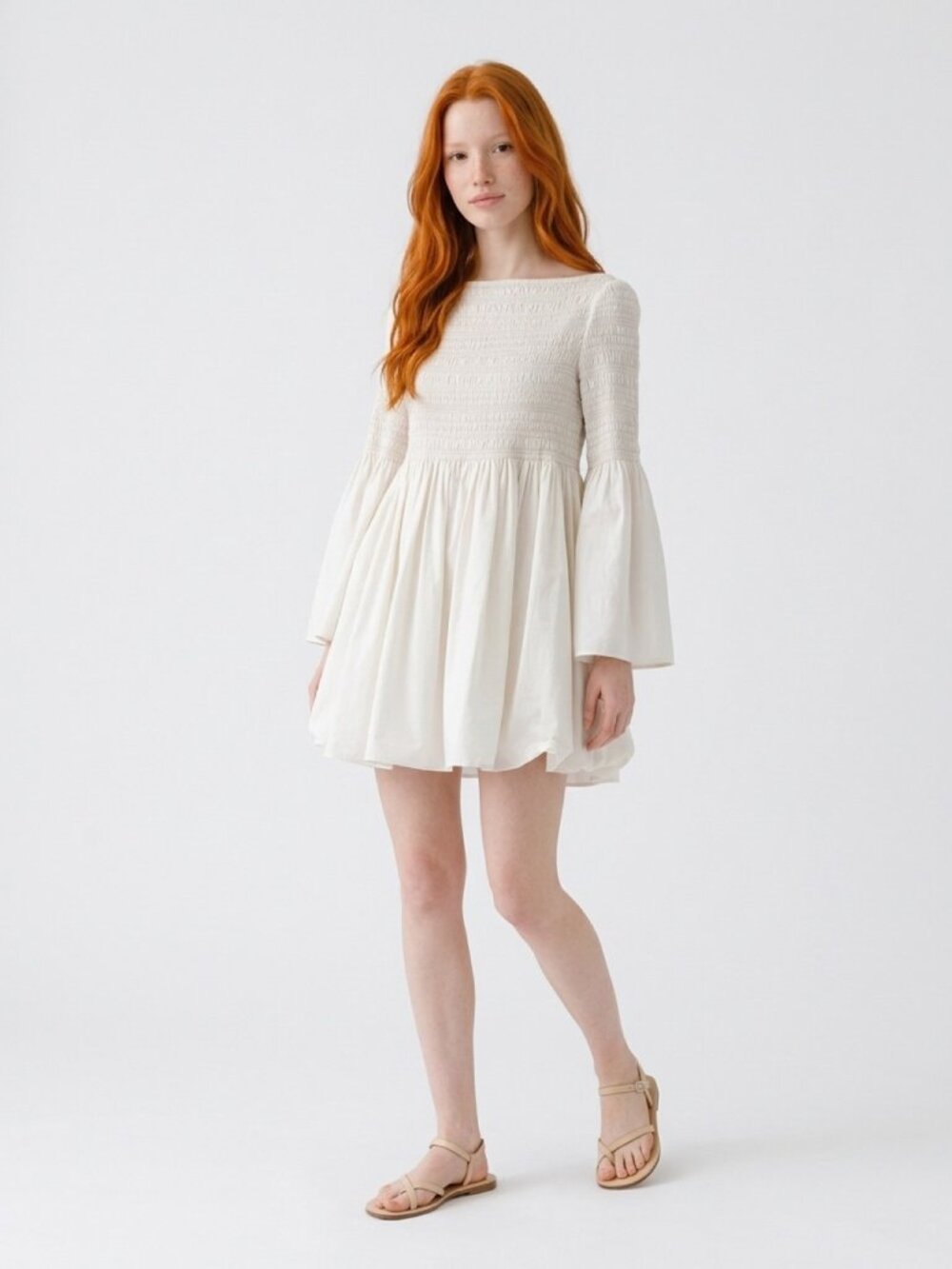 The Row Burton Smocked Bell-Sleeve Babydoll Top White S